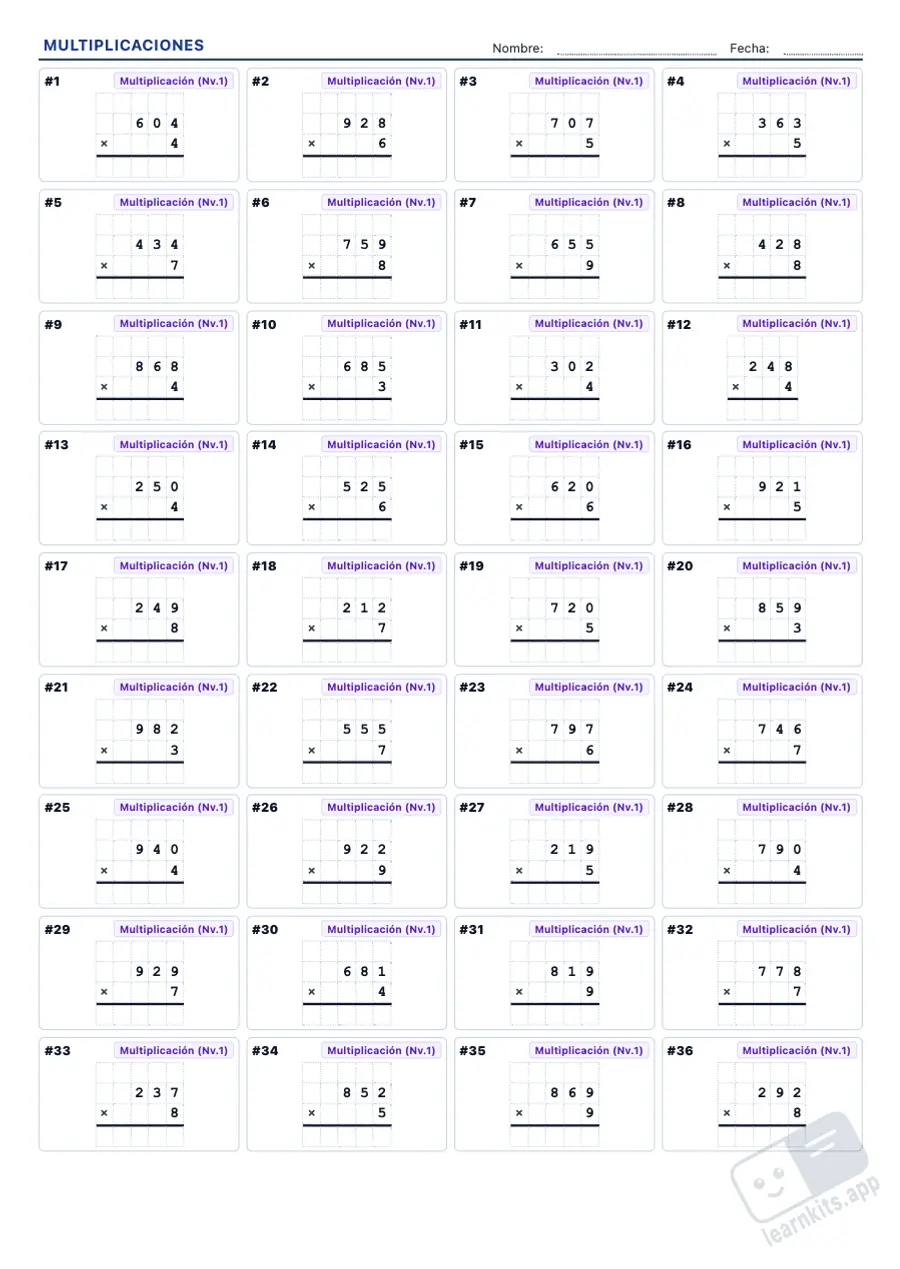 Fichas de multiplicaciones para imprimir con solucionario: ejemplo de ficha A4 para imprimir, primera página de la ficha del alumno