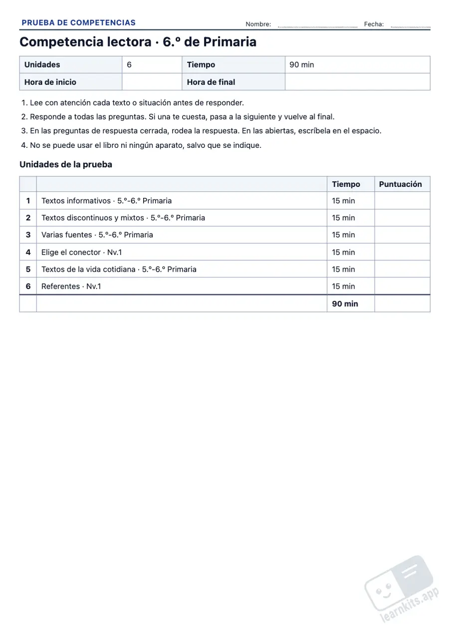 Pruebas de competencias tipo PISA para imprimir: ejemplo de ficha A4 para imprimir, primera página de la ficha del alumno