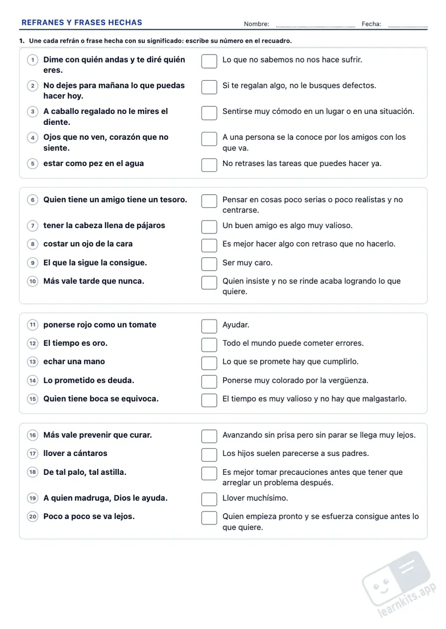 Ejercicios de refranes y frases hechas con su significado: ejemplo de ficha A4 para imprimir, primera página de la ficha del alumno