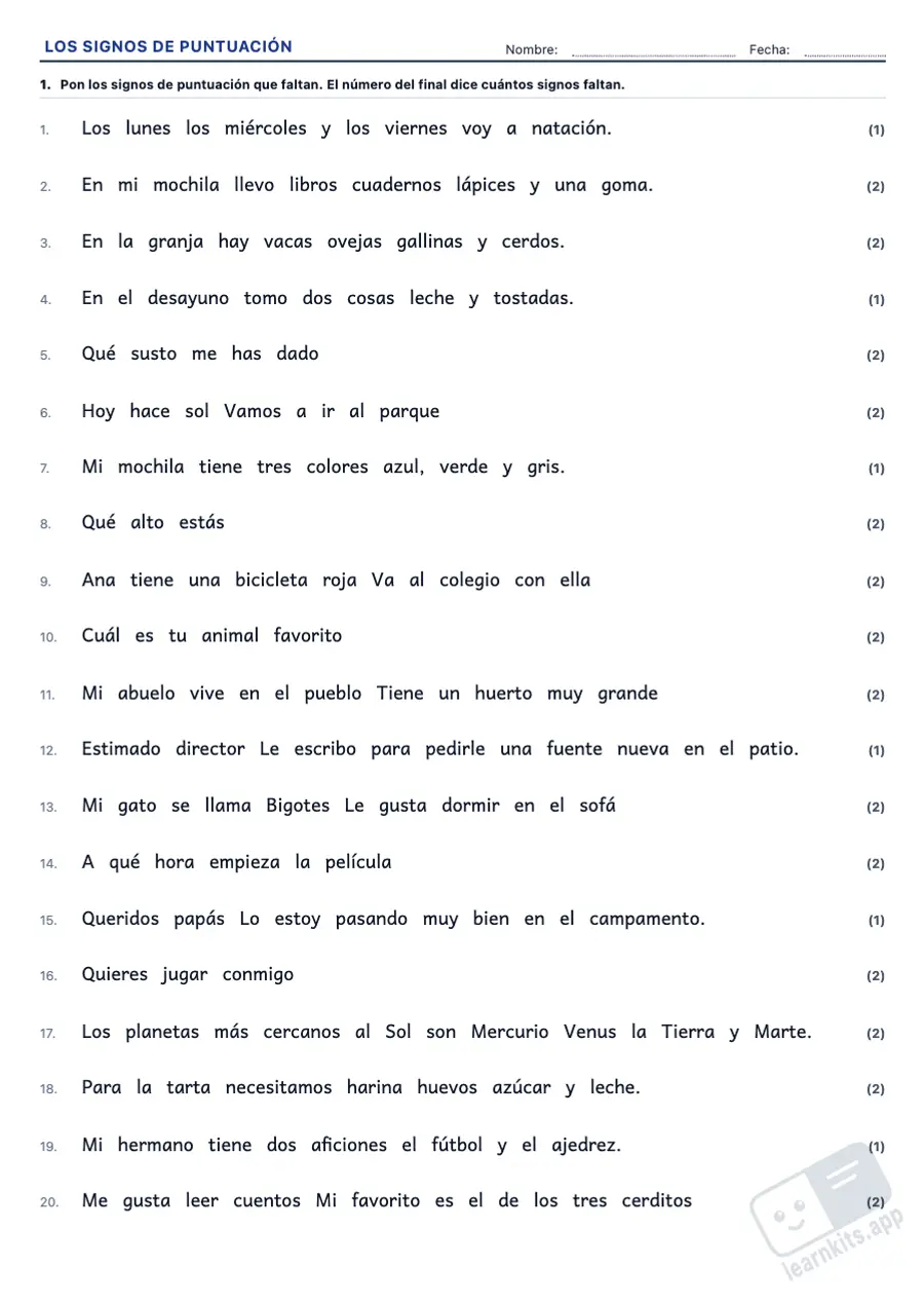 Generador de Fichas de Signos de Puntuación: ejemplo de ficha A4 para imprimir, primera página de la ficha del alumno