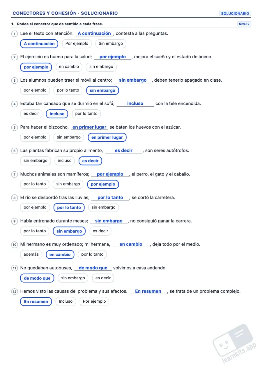 Ejercicios de conectores y cohesión textual para imprimir: ejemplo de solucionario de la misma ficha, primera página