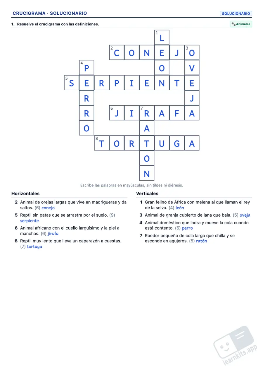 Generador de Crucigramas: ejemplo de solucionario de la misma ficha, primera página
