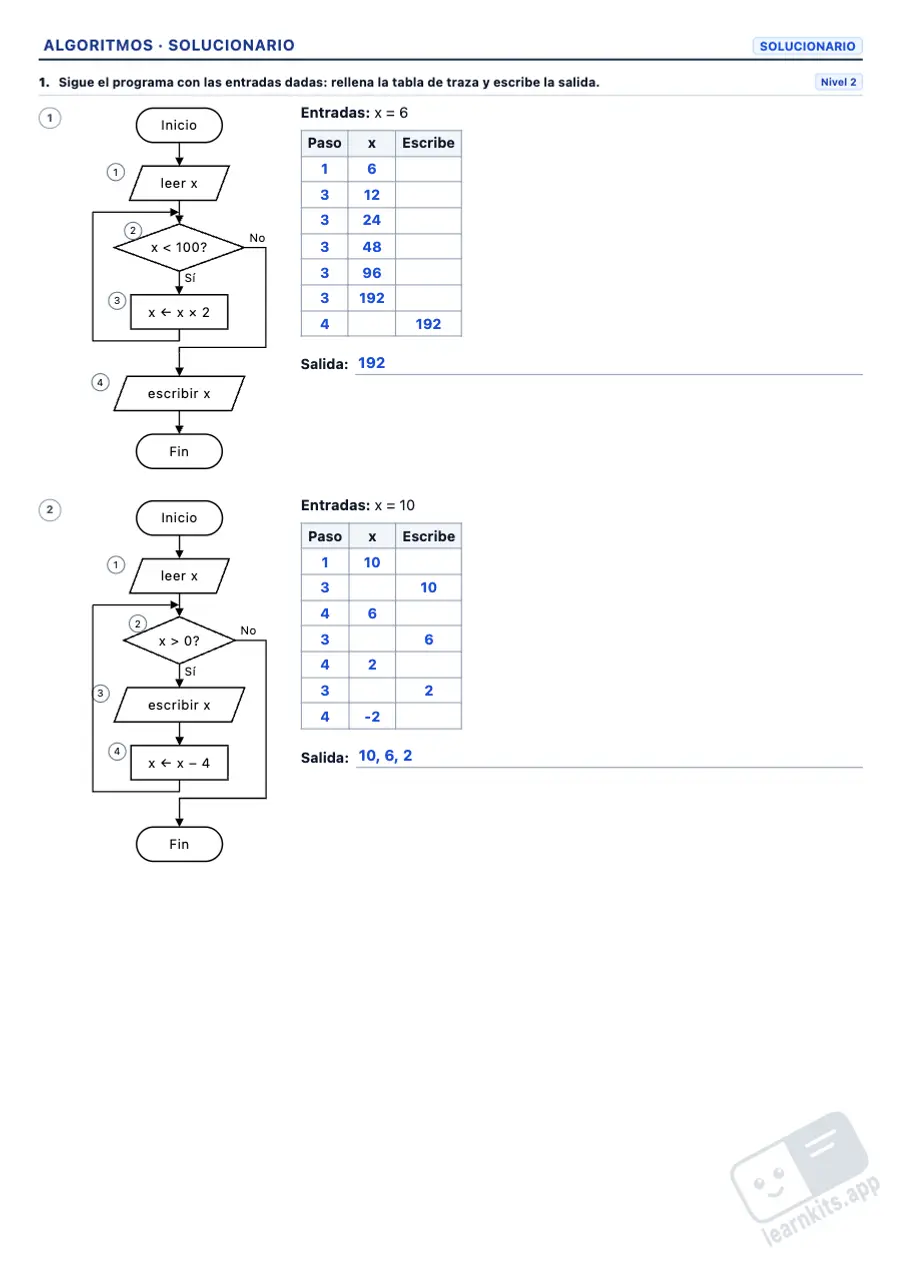 Ejercicios de diagramas de flujo y algoritmos para imprimir: ejemplo de solucionario de la misma ficha, primera página