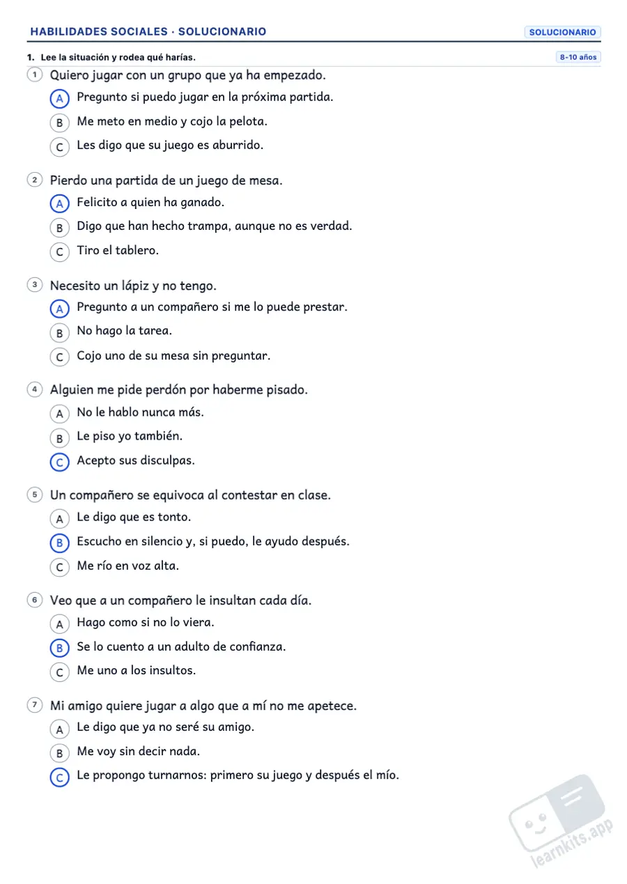 Fichas de habilidades sociales: ejemplo de solucionario de la misma ficha, primera página