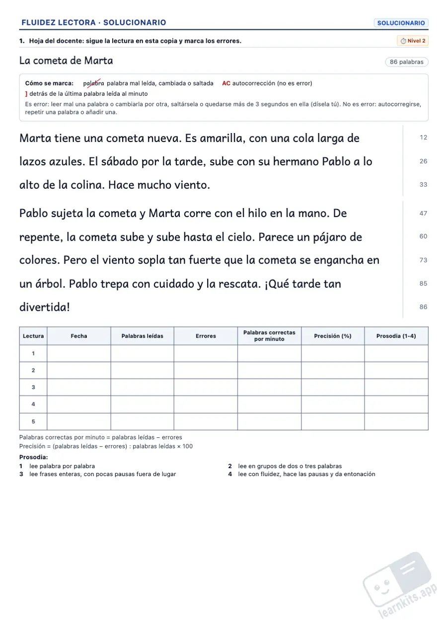 Generador de Fichas de Fluidez Lectora: ejemplo de solucionario de la misma ficha, primera página