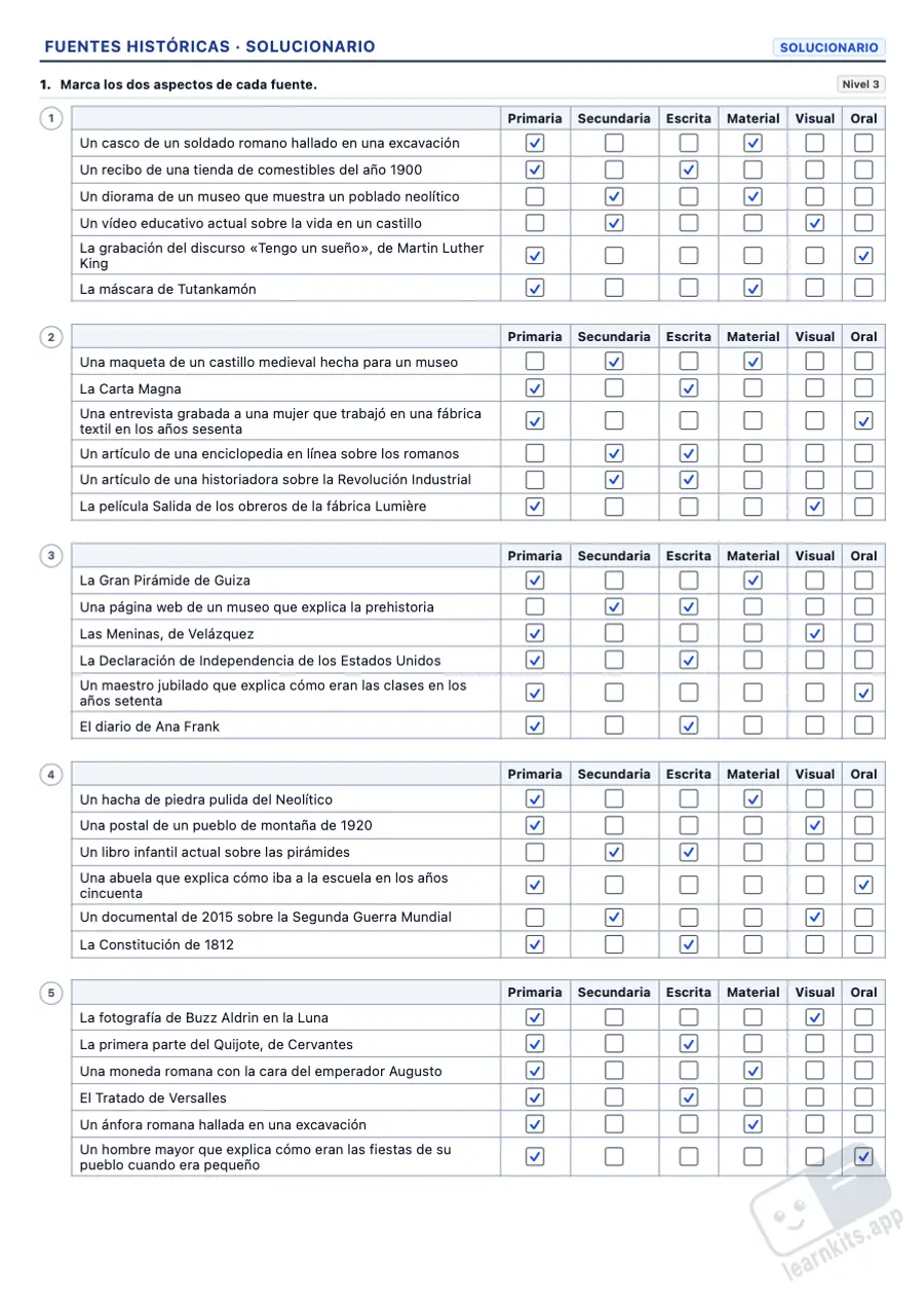 Fichas de fuentes históricas: ejemplo de solucionario de la misma ficha, primera página