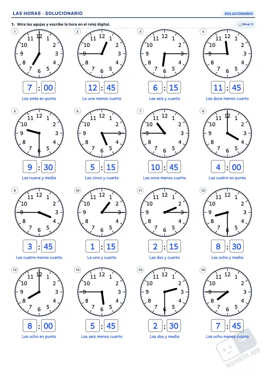 Generador de Fichas de las Horas y el Reloj: ejemplo de solucionario de la misma ficha, primera página