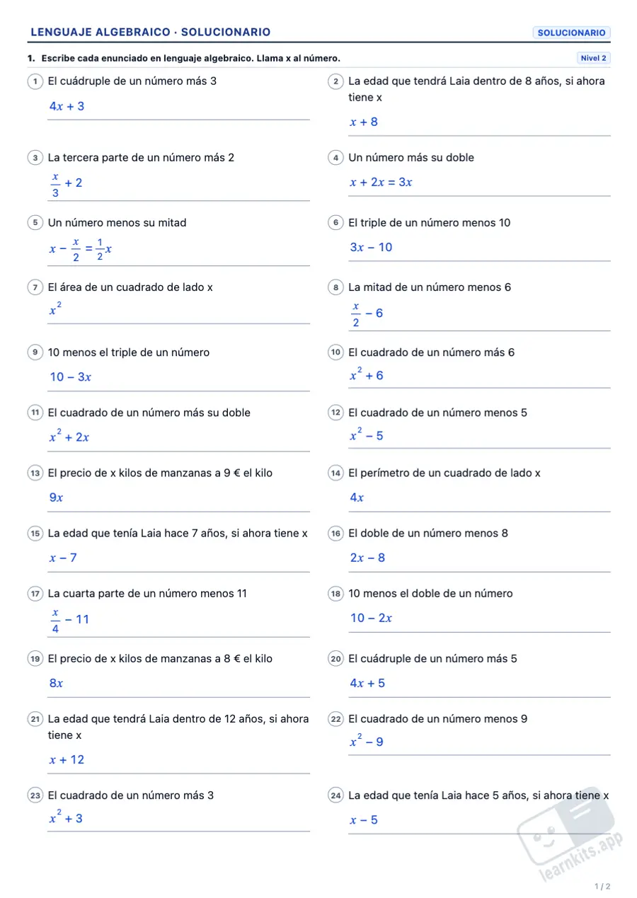 Ejercicios de lenguaje algebraico para imprimir, resueltos: ejemplo de solucionario de la misma ficha, primera página