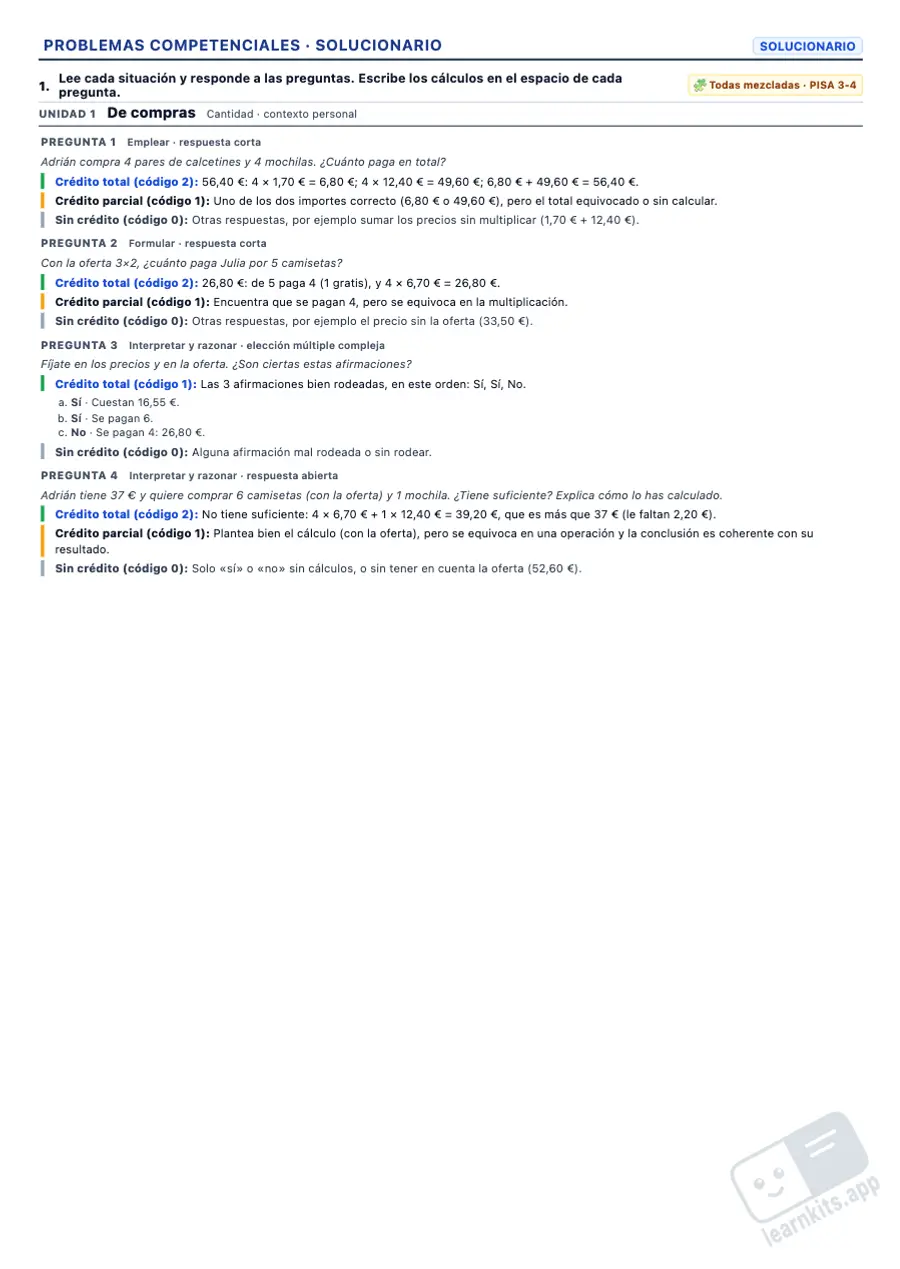 Generador de Fichas de Problemas Competenciales tipo PISA: ejemplo de solucionario de la misma ficha, primera página