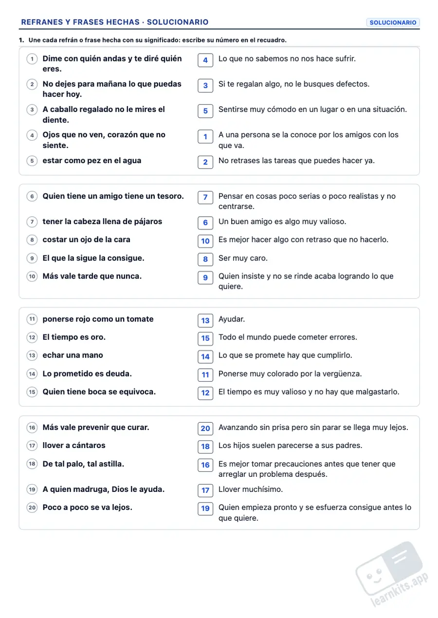 Ejercicios de refranes y frases hechas con su significado: ejemplo de solucionario de la misma ficha, primera página