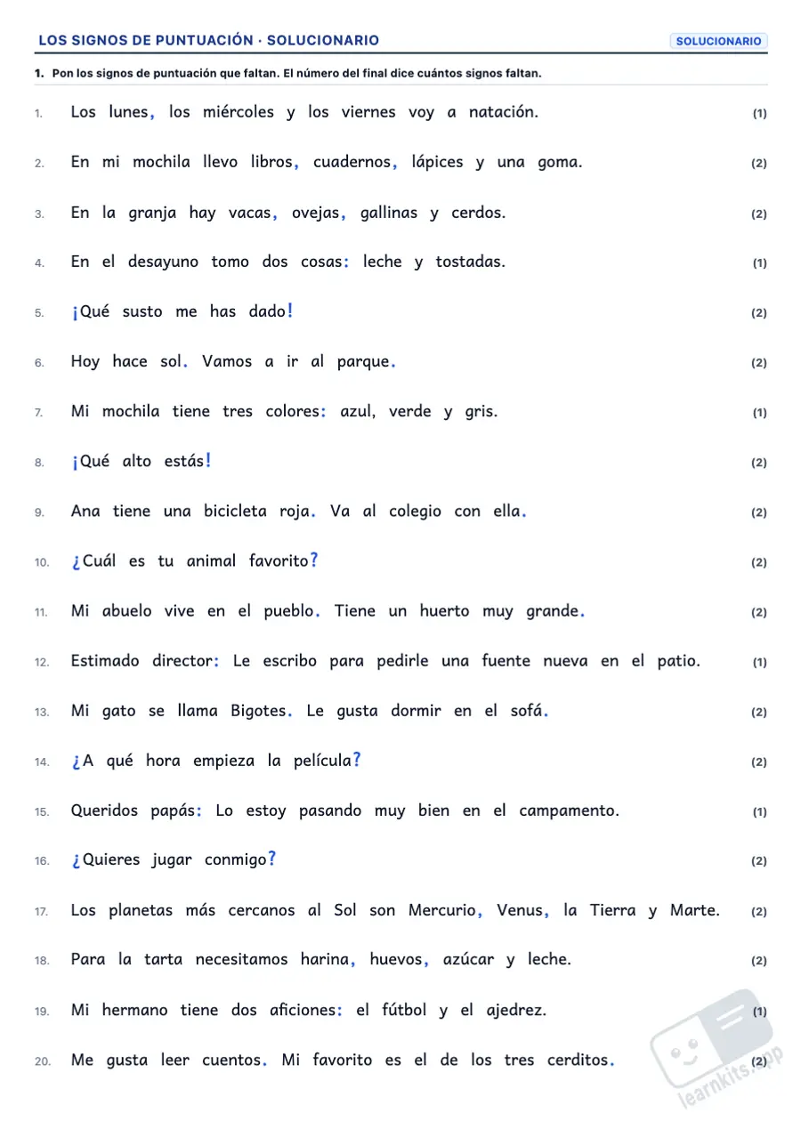 Generador de Fichas de Signos de Puntuación: ejemplo de solucionario de la misma ficha, primera página
