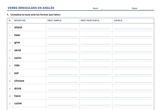 Fitxa d’exemple: Verbs Irregulars en Anglès