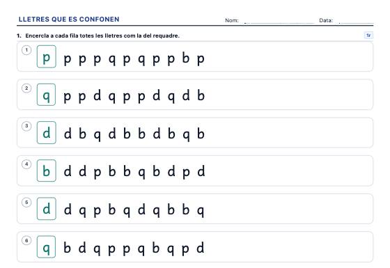Fitxa d’exemple: Lletres que es Confonen (b, d, p, q)