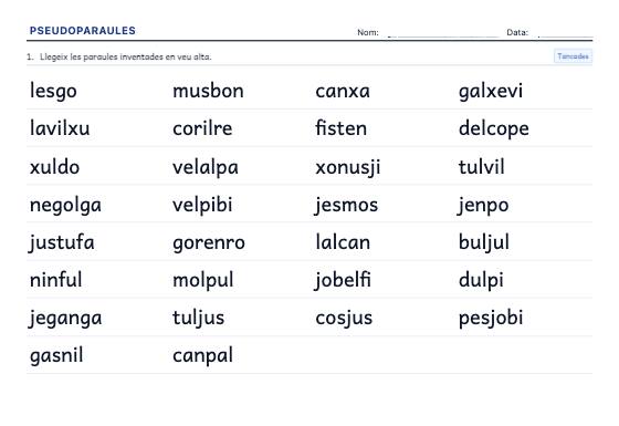 Fitxa d’exemple: Lectura de Pseudoparaules