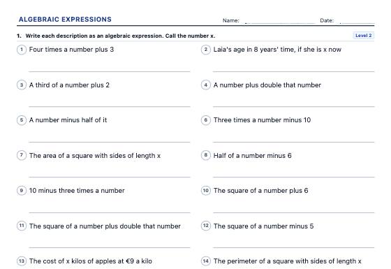 Sample worksheet: Algebraic Expressions