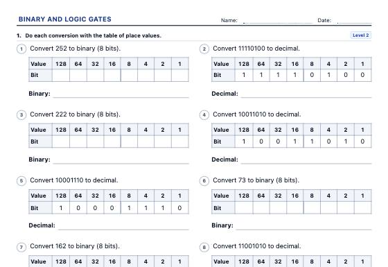 Sample worksheet: Binary and Logic Gates
