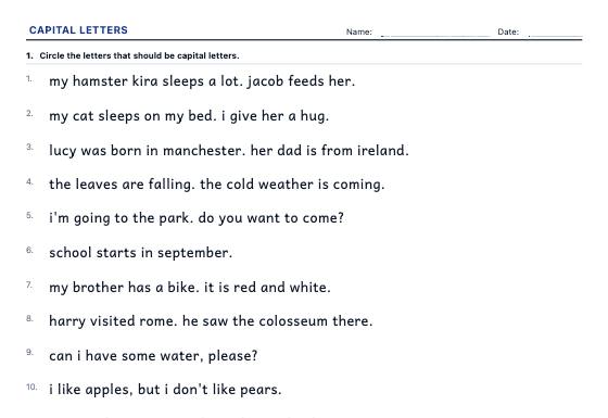 Sample worksheet: Capital Letters