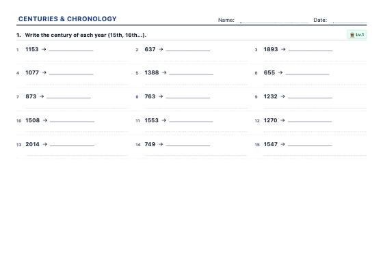 Sample worksheet: Centuries & Chronology