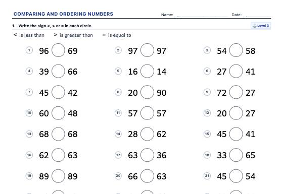Sample worksheet: Comparing and Ordering Numbers