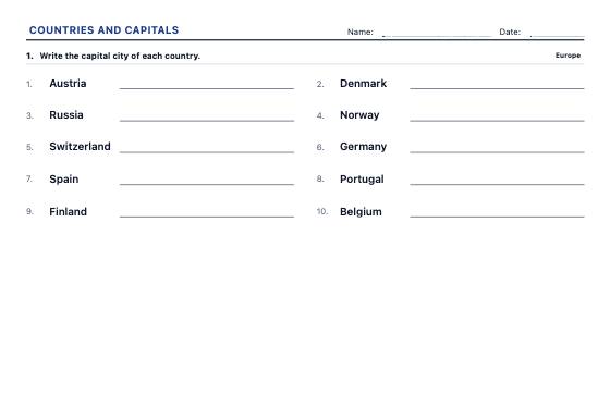 Sample worksheet: Countries and Capitals