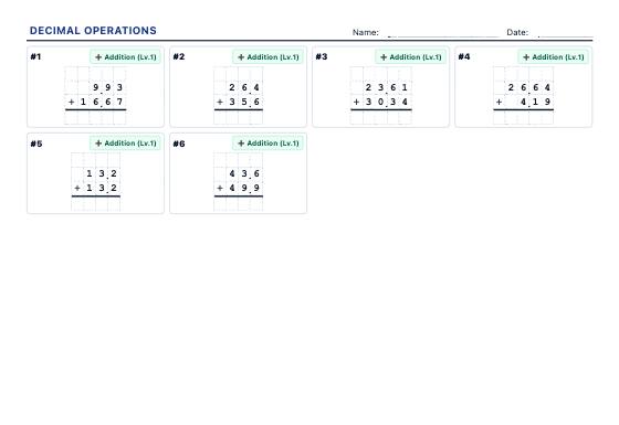 Sample worksheet: Decimal Operations
