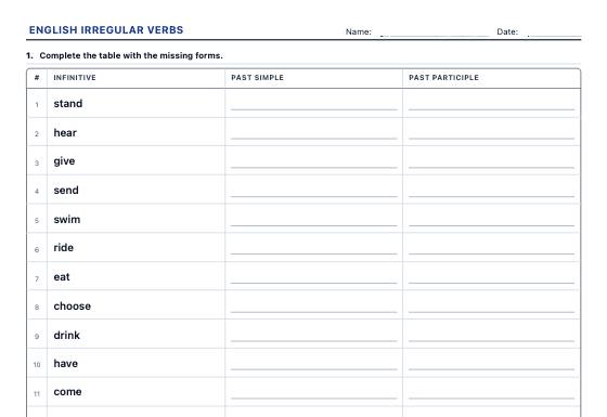 Sample worksheet: English Irregular Verbs