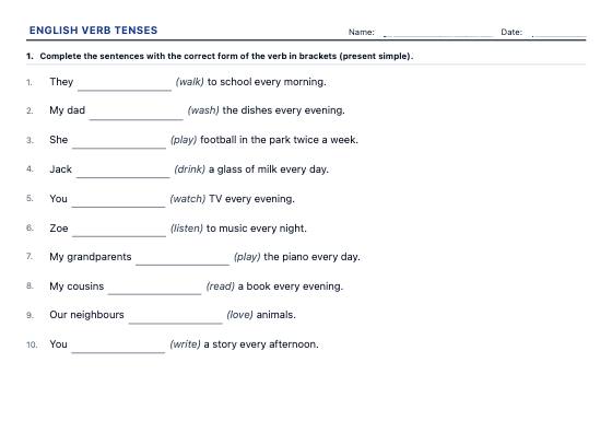 Sample worksheet: English Verb Tenses