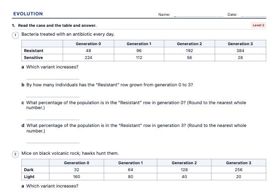 Sample worksheet: Evolution and Natural Selection