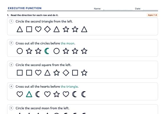 Sample worksheet: Working Memory and Executive Function