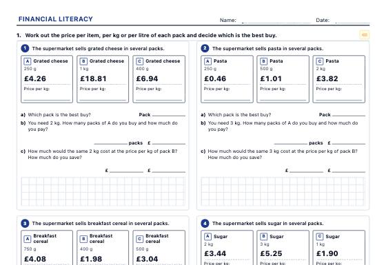 Sample worksheet: Financial Literacy