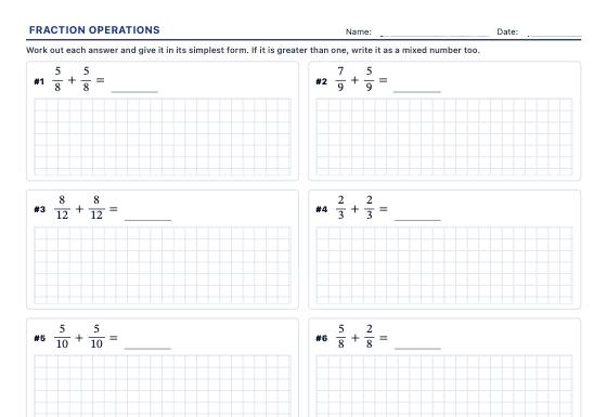 Sample worksheet: Fraction Operations