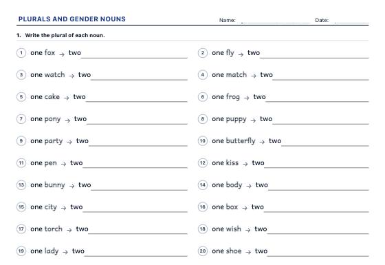 Sample worksheet: Plural and Gender Nouns