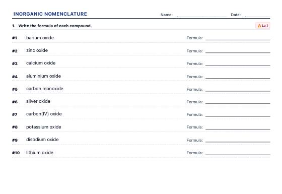 Sample worksheet: Inorganic Nomenclature