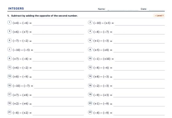 Sample worksheet: Integer Operations