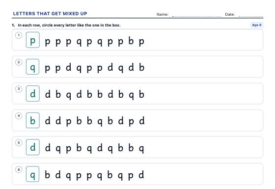 Sample worksheet: Letter Reversal Worksheet Generator (b, d, p, q)