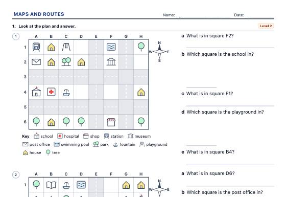 Sample worksheet: Map Skills Worksheet Generator: Compass Directions and Routes