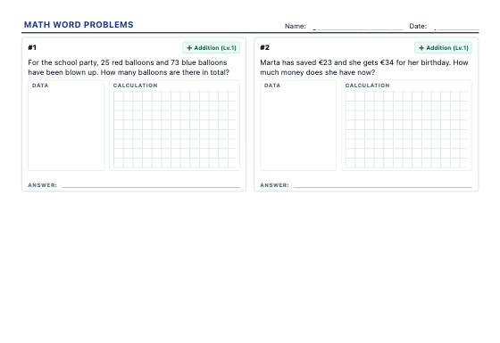 Sample worksheet: Math Word Problems