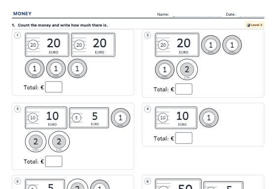 Sample worksheet: Money Worksheet Generator with Euros