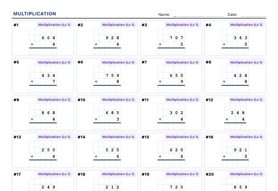 Sample worksheet: Long Multiplication