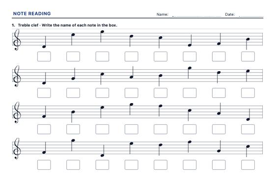 Sample worksheet: Music Note Reading