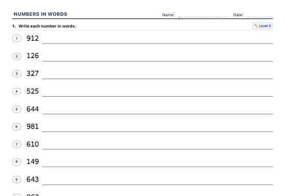 Sample worksheet: Numbers in Words