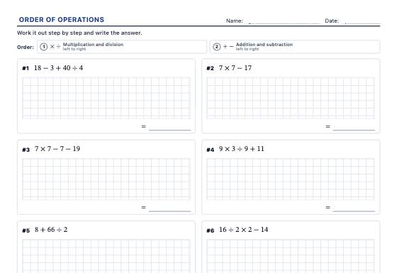 Sample worksheet: Order of Operations