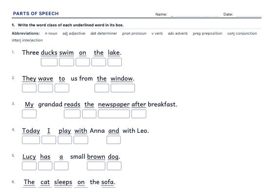 Sample worksheet: Parts of Speech