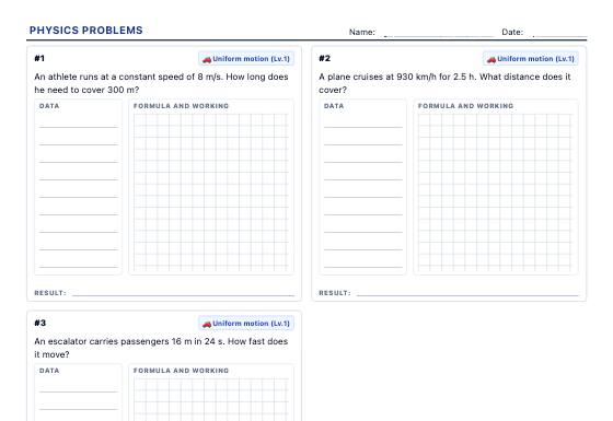 Sample worksheet: Physics Problems