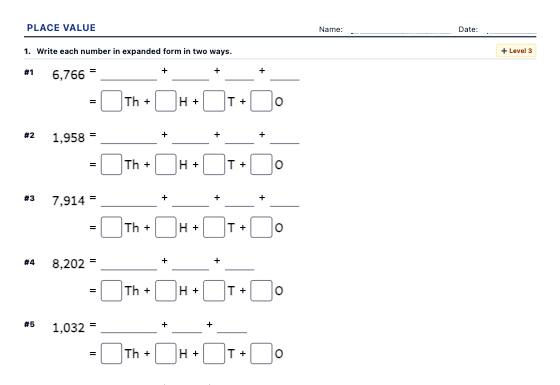 Sample worksheet: Place Value