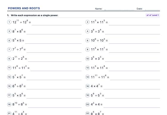 Sample worksheet: Powers and Square Roots