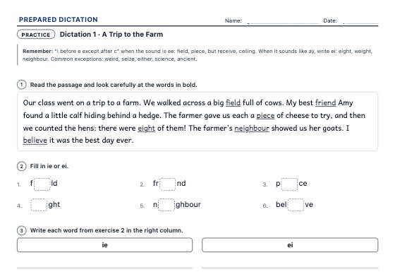 Sample worksheet: Prepared Dictation