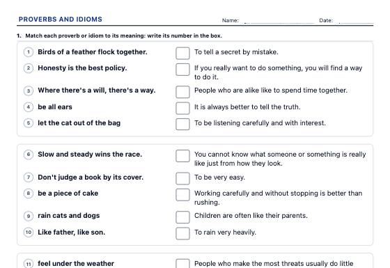 Sample worksheet: Proverbs and Idioms