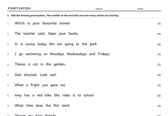 Sample worksheet: Punctuation