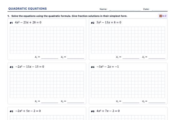 Sample worksheet: Quadratic Equations